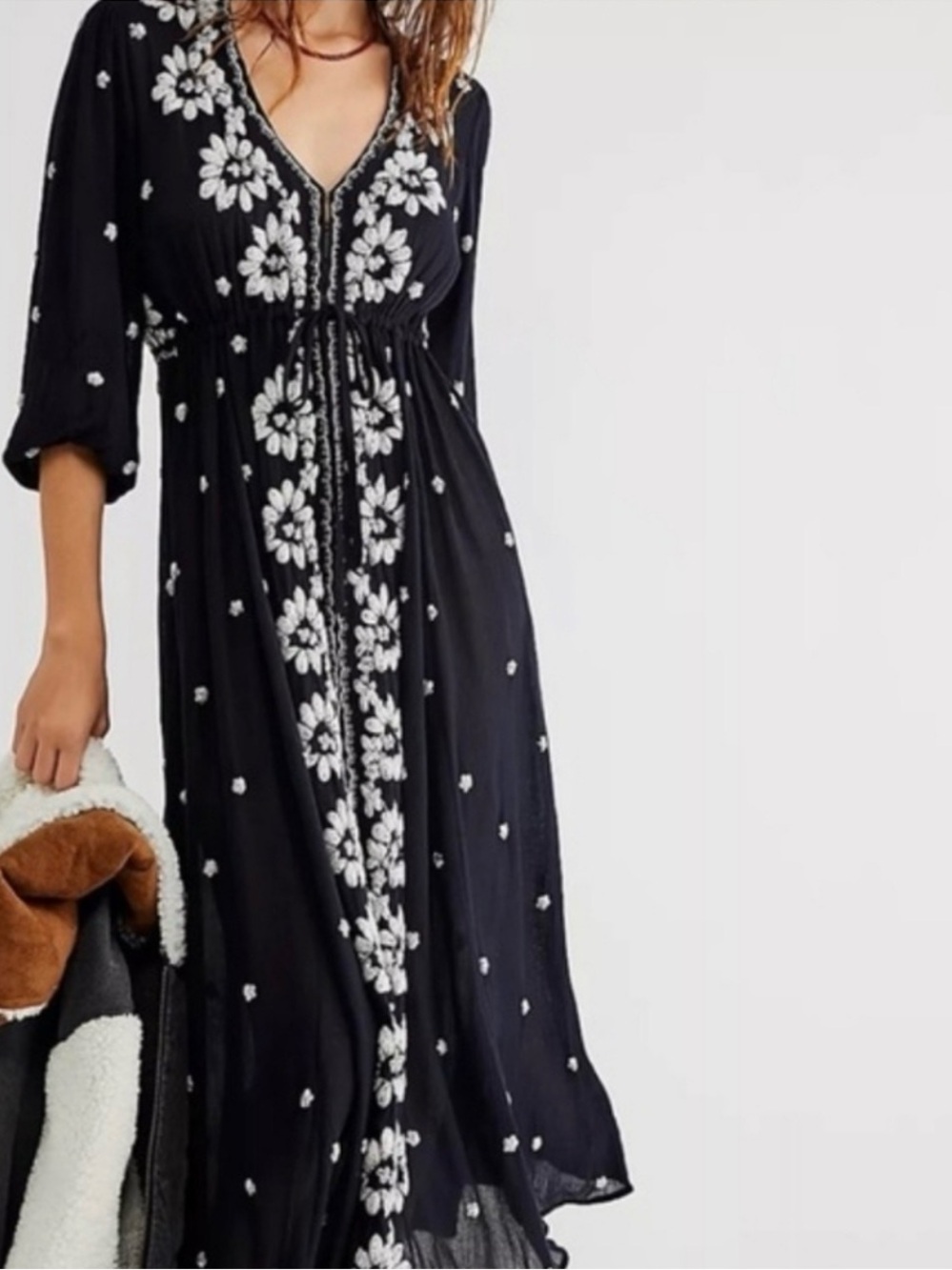Free People Black Maxi Dress with White Floral Embroidery